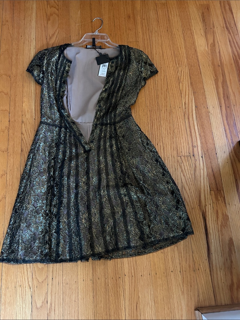 BCBGMaxAzria Black and Gold Lace Fit-and-Flare Mini Dress